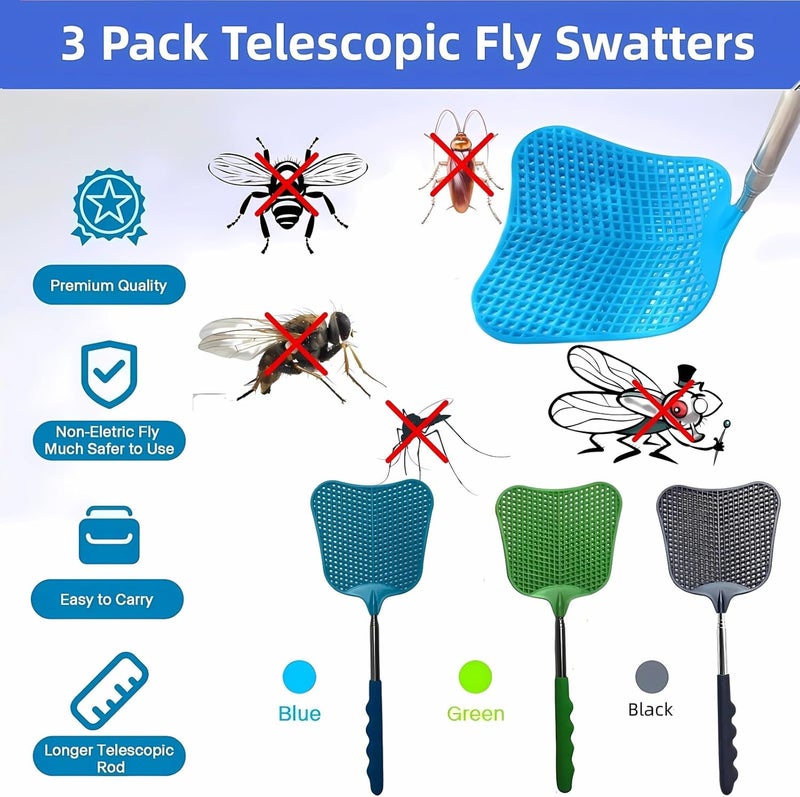 Jakeloo Telescopic Fly Swatter, 3 Pack Fly Swatter for Indoors Plastic Flyswatter Heavy Duty with Stainless Steel Telescopic Handle Ideal for Summer Home/Indoor/Outdoor/Classroom/Office (Blue) - Image 2